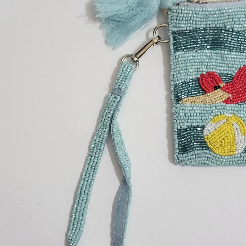 Sol and Mer Beaded Wristlet Clutch Blue Swimmers Beach Ball Handmade India NWT